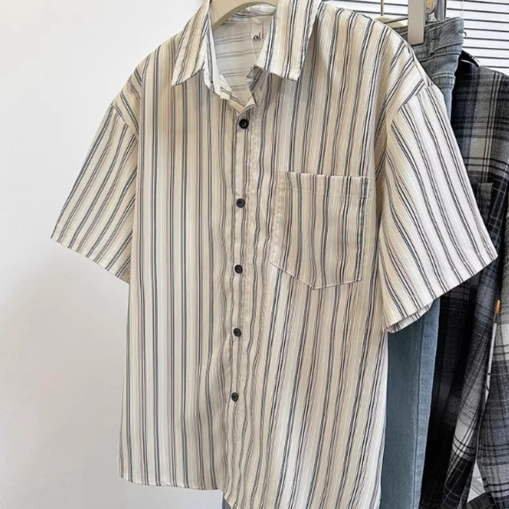 Stripe Oversized Pocket Short Sleeve Shirt